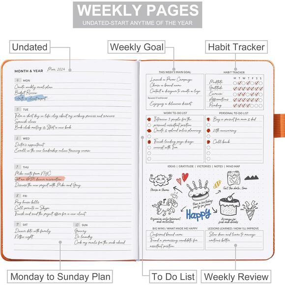Undated Hardcover Daily Weekly Planner Time Management and Productivity Goals - Picture 6 of 7